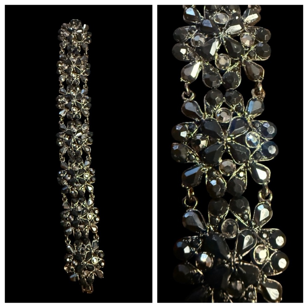 Vintage 1990’s does 1950’s Glam Black Rhinestone Beaded Bracelet, Mid Century